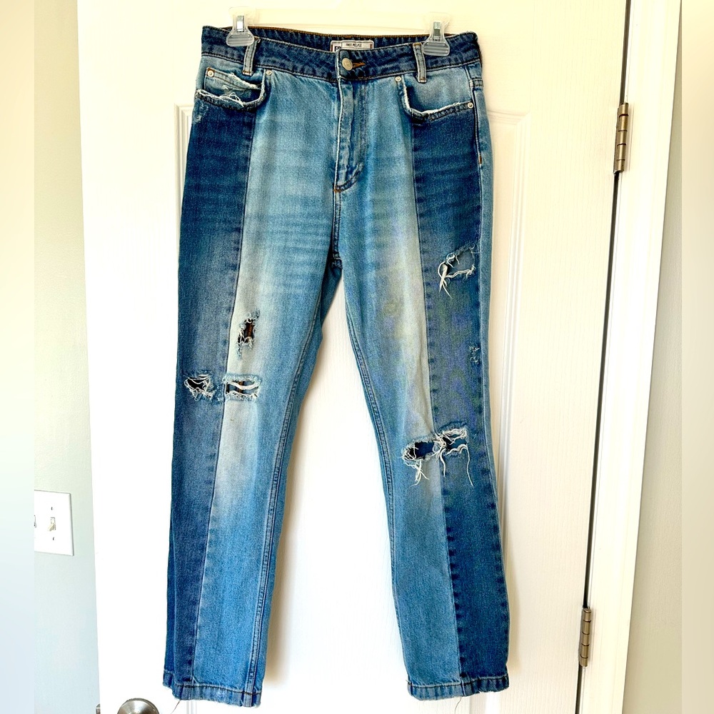 Free People PatchWork Two Tone High Rise Jeans Distressed 27 Center Seam